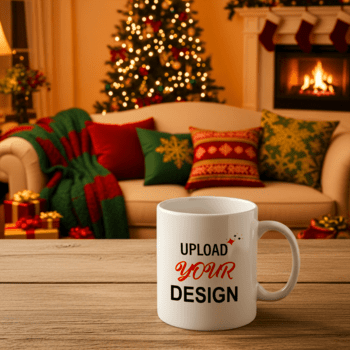 Weiß Becher mit hochladen Ihre Design Text auf ein hölzern Tabelle im Vorderseite von ein festlich Weihnachten Baum, Kamin, und Sofa mit Kissen psd