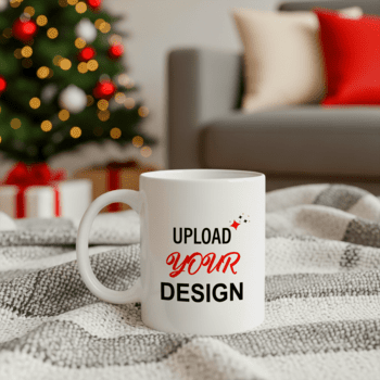 Weiß Becher mit hochladen Ihre Design Text platziert auf ein texturiert Decke, mit ein verschwommen Weihnachten Baum und Sofa im das Hintergrund psd