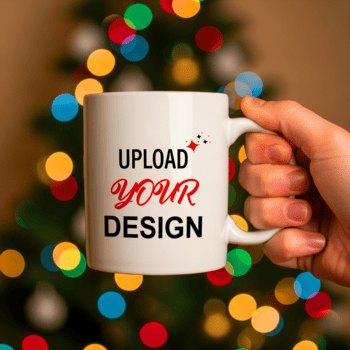 Hand halten ein Weiß Becher mit hochladen Ihre Design Text gegen ein verschwommen Weihnachten Baum Hintergrund mit bunt Bokeh Beleuchtung psd