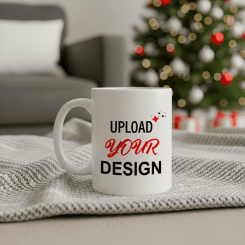 Weiß Becher mit hochladen Ihre Design Text im ein festlich Weihnachten Rahmen mit ein Baum psd