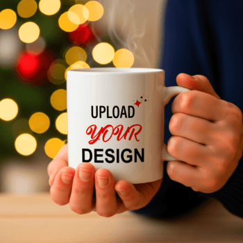 Person halten ein Weiß Becher mit hochladen Ihre Design Text und Dampf steigend, mit ein verschwommen Weihnachten Baum Bokeh Hintergrund, perfekt zum Modelle psd