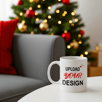 Weiß Becher mit das Text hochladen Ihre Design platziert auf ein Tabelle im Vorderseite von ein verschwommen Weihnachten Baum mit festlich Beleuchtung und Ornamente, Erstellen ein Urlaub Atmosphäre psd