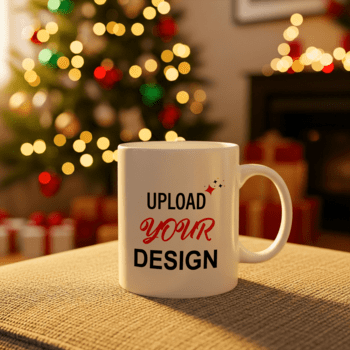 Weiß Becher mit hochladen Ihre Design Text, platziert im Vorderseite von ein verschwommen Weihnachten Baum mit glühend Beleuchtung und Geschenk Kisten psd