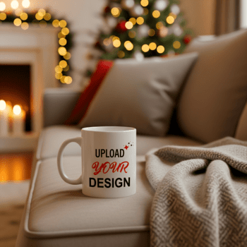 Weiß Becher mit hochladen Ihre Design Text platziert auf ein Sofa Nächster zu ein gemütlich Decke, mit ein verschwommen Weihnachten Baum im das Hintergrund psd