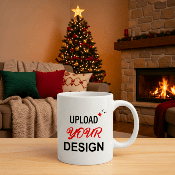 ein Weiß Becher mit das Text hochladen Ihre Design sitzt auf ein hölzern Tabelle im Vorderseite von ein gemütlich Weihnachten Baum und Kamin psd