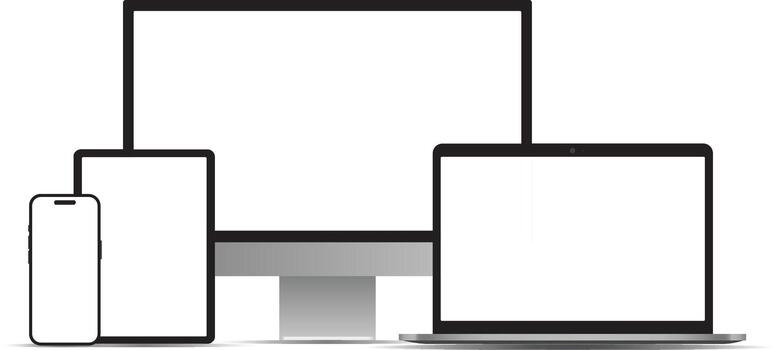 Modern multi-device mockup set. Set of smartphone, tablet, desktop and laptop display template vector
