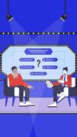 Television game show-style quiz challenge cartoon vertical animation. Host asking participant question under spotlights with answer choices animated flat 2D characters 4K for social media reels video