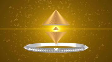 geometrico forme ruotare nel un' d'oro luce, in mostra un' visivo design con piramidi e triangoli video