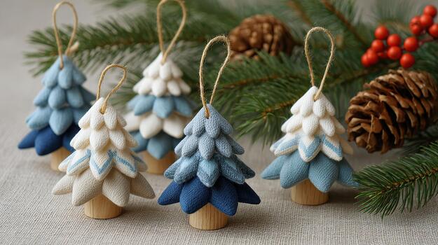 Handmade fabric Christmas tree ornaments in Scandinavian style arranged with natural elements photo