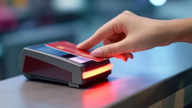 Hand tapping credit card on glowing payment terminal photo