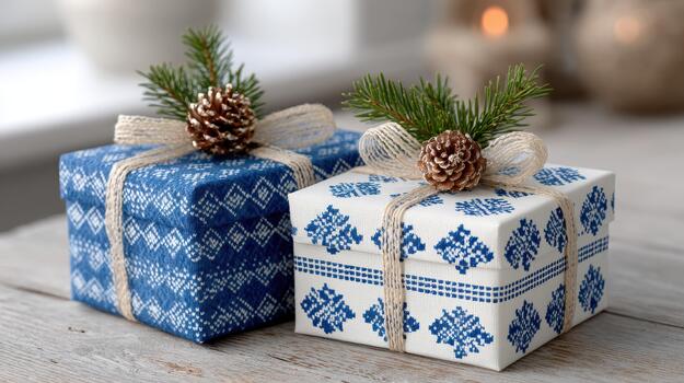 Two festive gift boxes with geometric Nordic patterns decorated with pine sprigs and pinecones on a wooden table photo