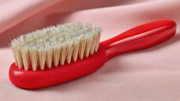 Red grooming brush with natural bristles on a soft fabric surface photo