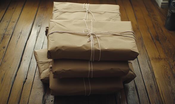 A stack of brown paper with a white string tied to it photo