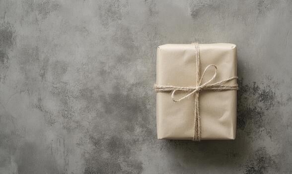 A brown box with a string tied to it is sitting on a grey surface photo
