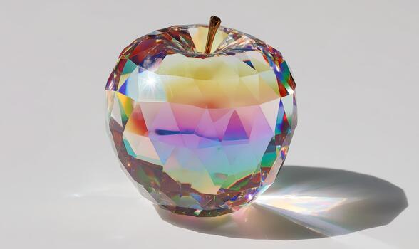 A colorful apple made of glass sits on a white background photo
