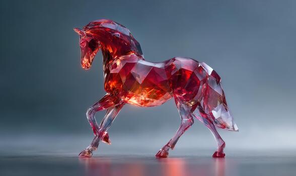 A horse made of glass and crystal is shown in a red color photo