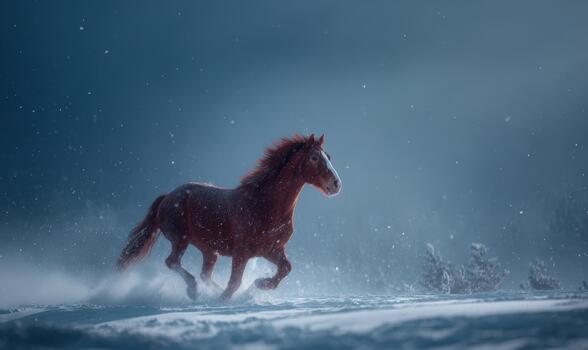 A horse is running through the snow, with the sky in the background photo