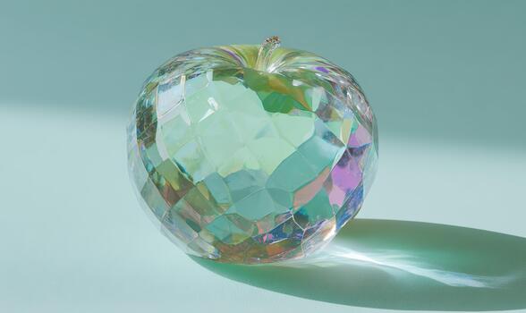 A small, colorful, and shiny apple sits on a green surface photo