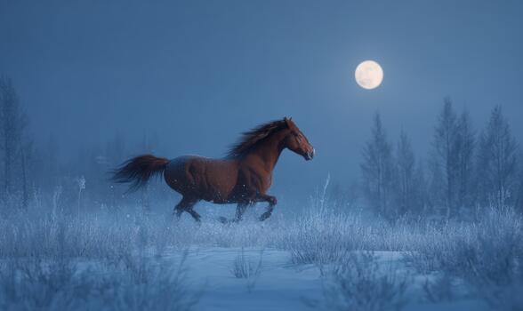 A horse is running in a field with a full moon in the background photo