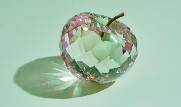 A clear apple with a stem is sitting on a green background photo