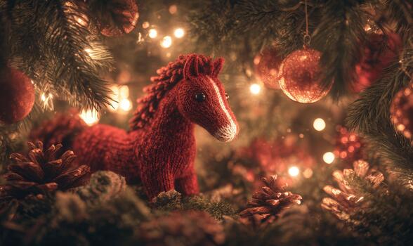 A red horse is standing in a forest of pine trees photo