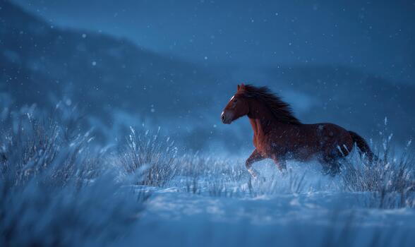 A horse is running through a snowy field at night photo