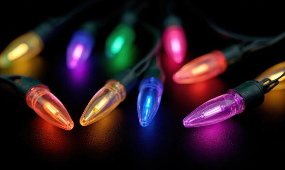A bunch of colorful Christmas lights are displayed on a black background photo