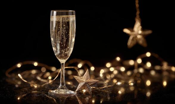 A glass of champagne is on a table with a star and a string of lights photo