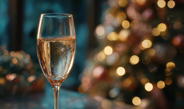 a glass of champagne in front of a christmas tree photo