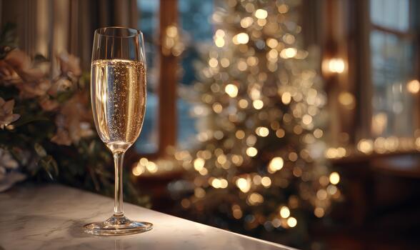 a glass of champagne on a table in front of a christmas tree photo