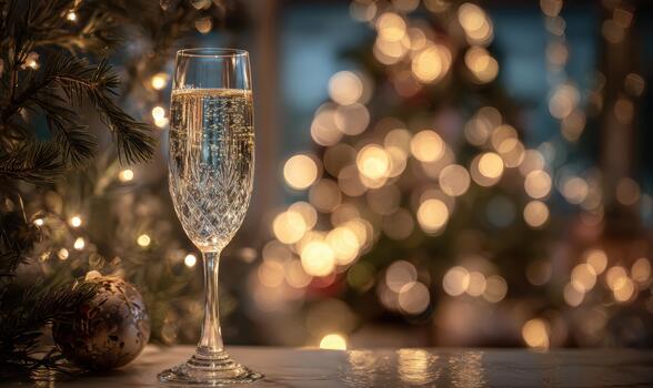 A glass of champagne is on a table next to a Christmas tree photo