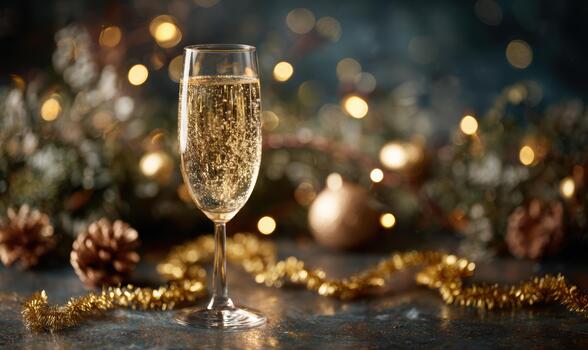 A glass of champagne is sitting on a table with a Christmas tree decoration photo