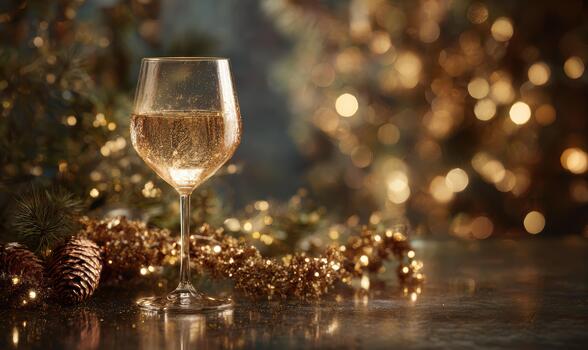 A glass of wine is sitting on a table with a bunch of pine cones photo
