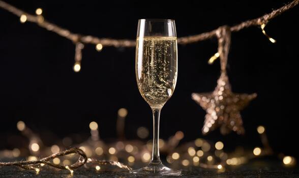 A glass of champagne is sitting on a table with a star hanging from the ceiling photo