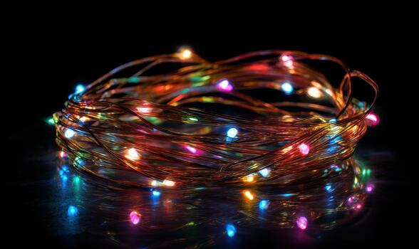a string of multi colored lights on a black background photo