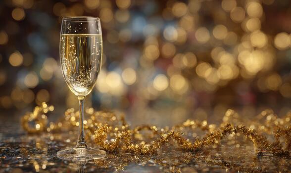 A glass of champagne is on a table with a gold colored string of lights photo