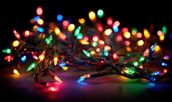 A bunch of Christmas lights are lit up and are on a table photo