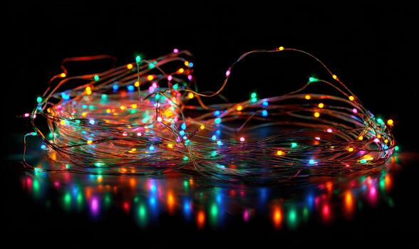 A string of colorful lights is on a dark surface photo