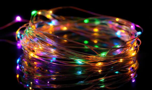 A colorful string of lights is lit up and is sitting on a dark surface photo
