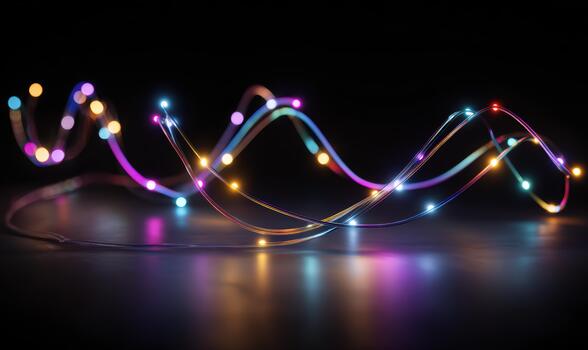 A colorful string of lights is lit up and is reflected in the water photo