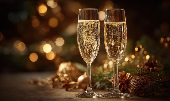 Two champagne flutes with a gold rim sit on a table with a bunch of pinecones photo