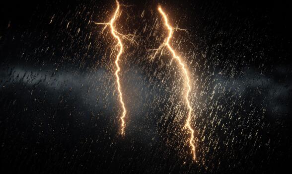 Two bolts of lightning striking the sky, with rain pouring down photo