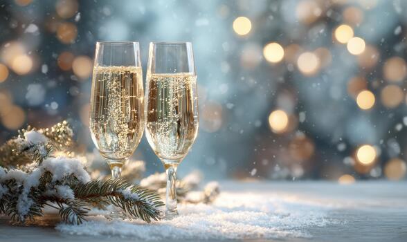 Two champagne flutes are on a table with pine branches and snow photo