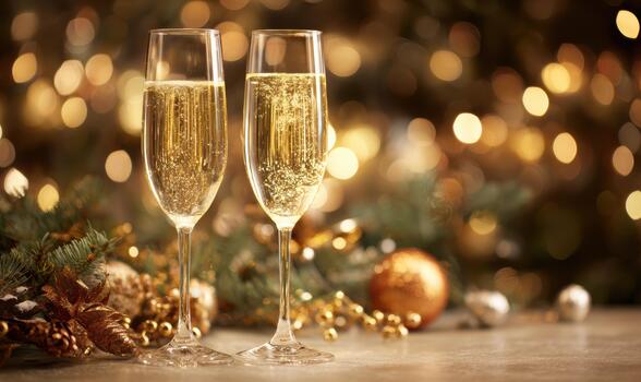 Two champagne glasses are on a table with a Christmas tree in the background photo
