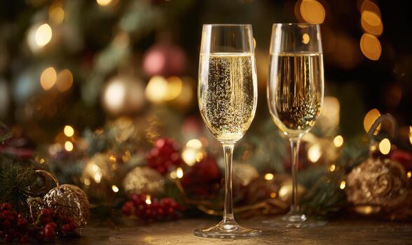 Two champagne glasses are on a table with a Christmas tree and decorations photo