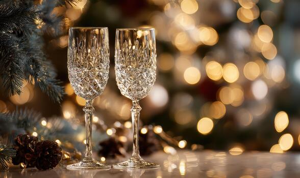 Two champagne flutes are on a table with a Christmas tree in the background photo