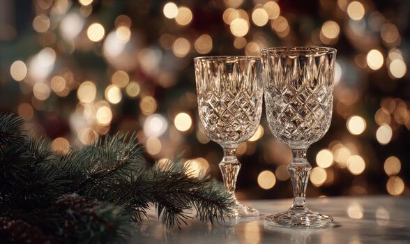 Two wine glasses are on a table next to a Christmas tree photo