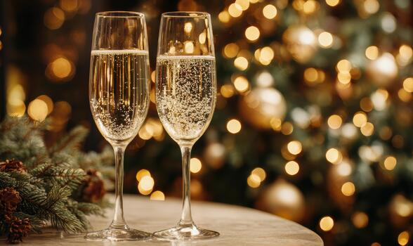 Two champagne glasses on a table with a Christmas tree in the background photo