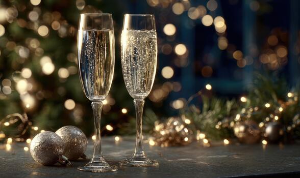 Two champagne flutes with a tree decoration in the background photo