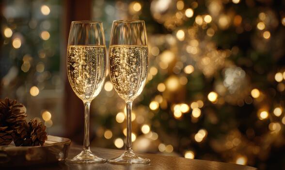 two champagne flutes on a table with a christmas tree in the background photo